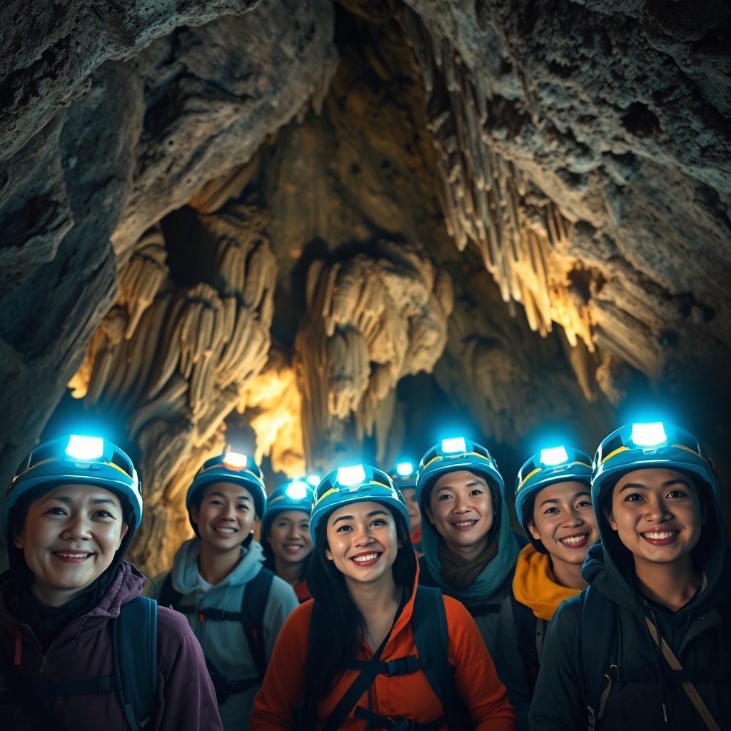 Guided cave tour participants